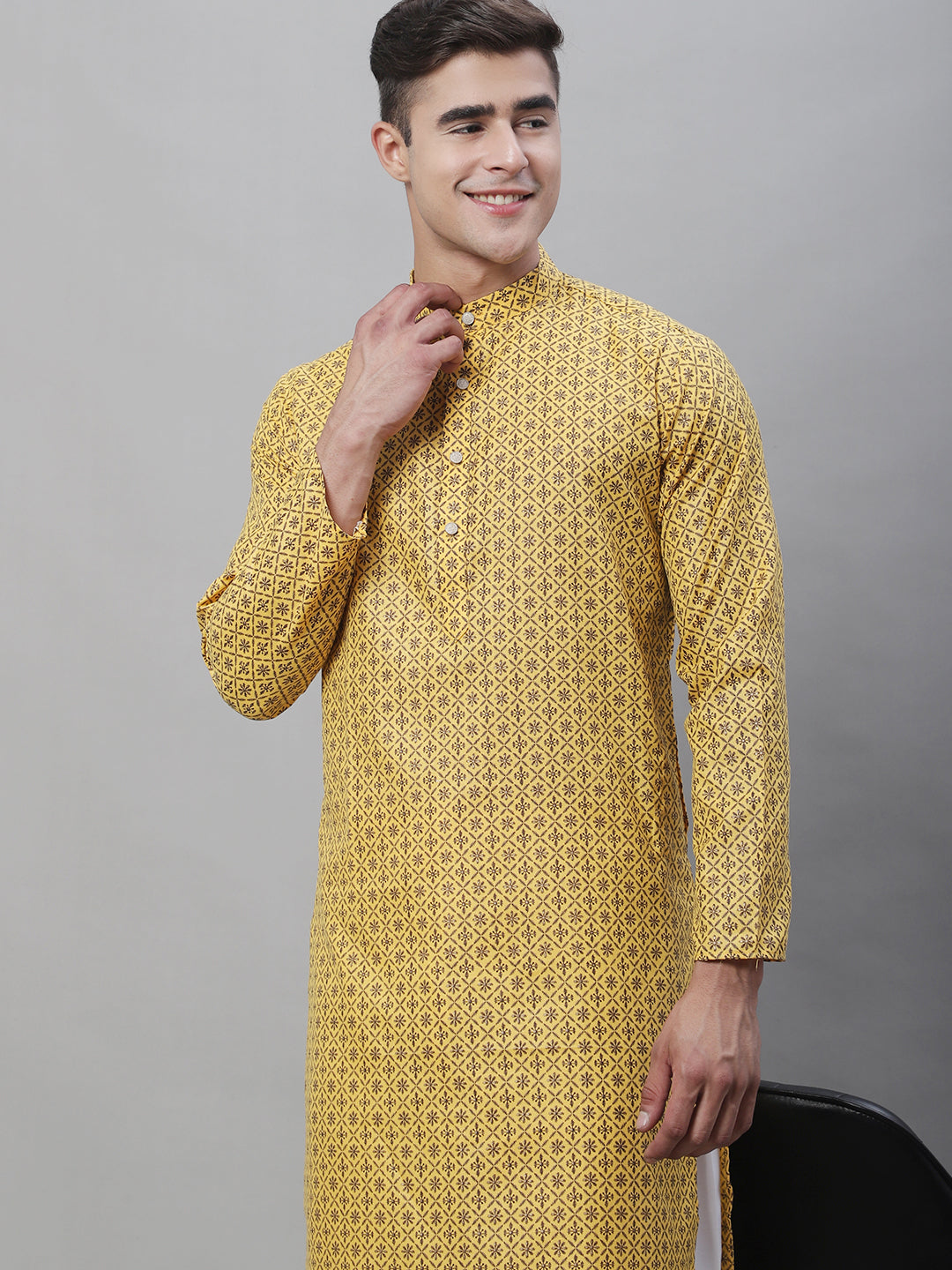 Men's Cotton Blend Foil Printed Long Kurta - Traditional Indian Wear With Mandarin Collar
