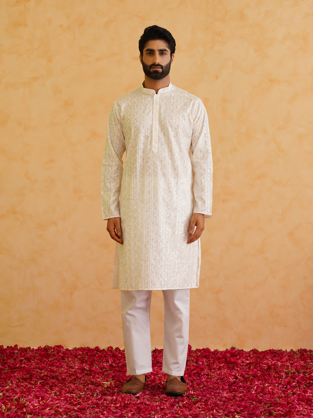 Sojanya Kurta Uomo In Puro Cotone Con Ricamo Paillettes - Abito Tradizionale Con Pigiama Abbinato (Taglie Regolari) - 2