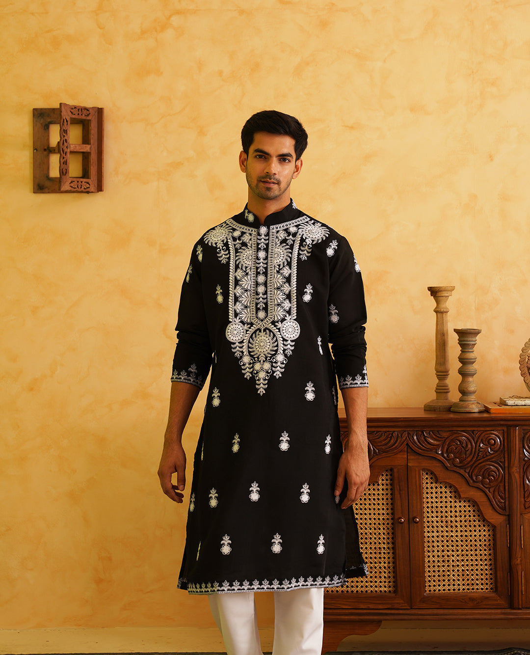Men's Cotton Neck Embroidered Black Kurta - Main Image