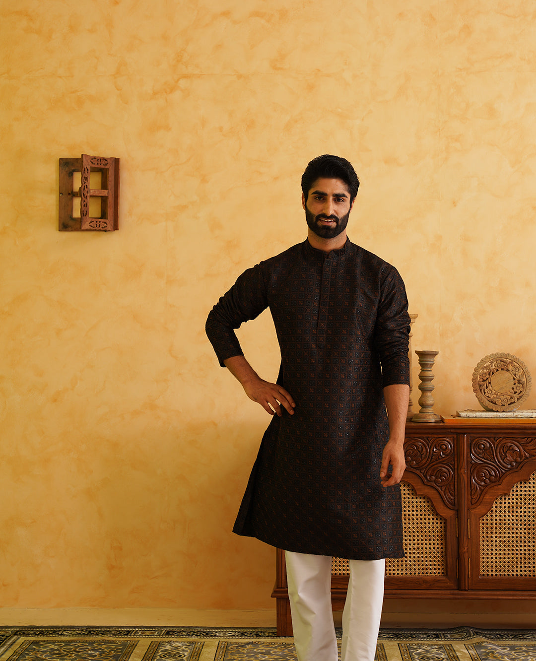cotton black wrap dress Men's Cotton Silk Heavy Embroidered Black Kurta – Sojanya