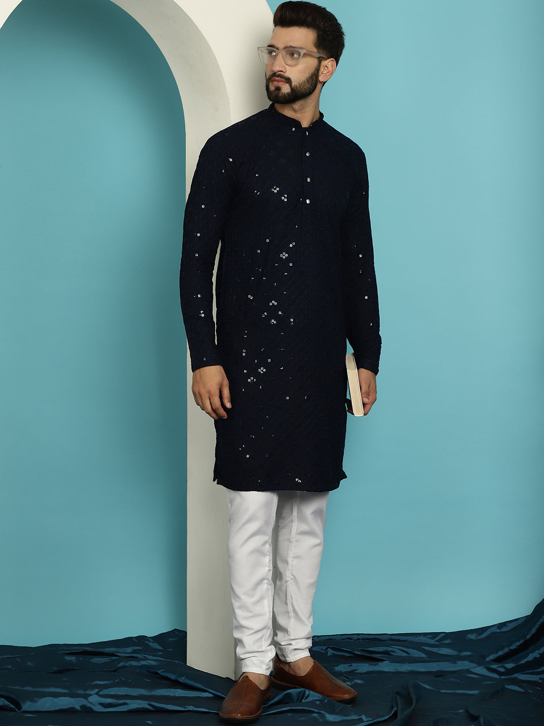 Men's Sequence Navy Blue Cotton Kurta and White Pyjama