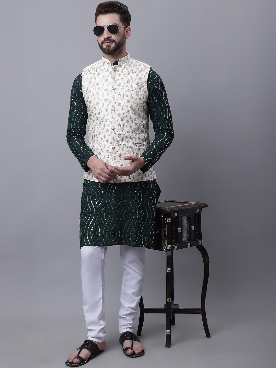 Sojanya Men's Pure Cotton Dark Green Kurta and White Pyjama With Cream