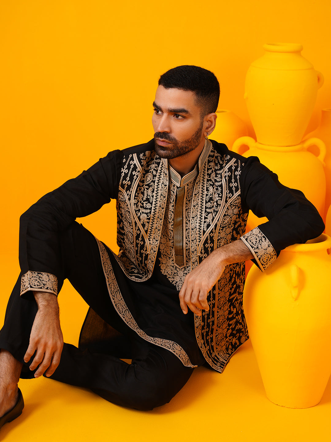 Men's Cotton Silk Black Kurta Trouser With Kashmiri Embroidered Jacket