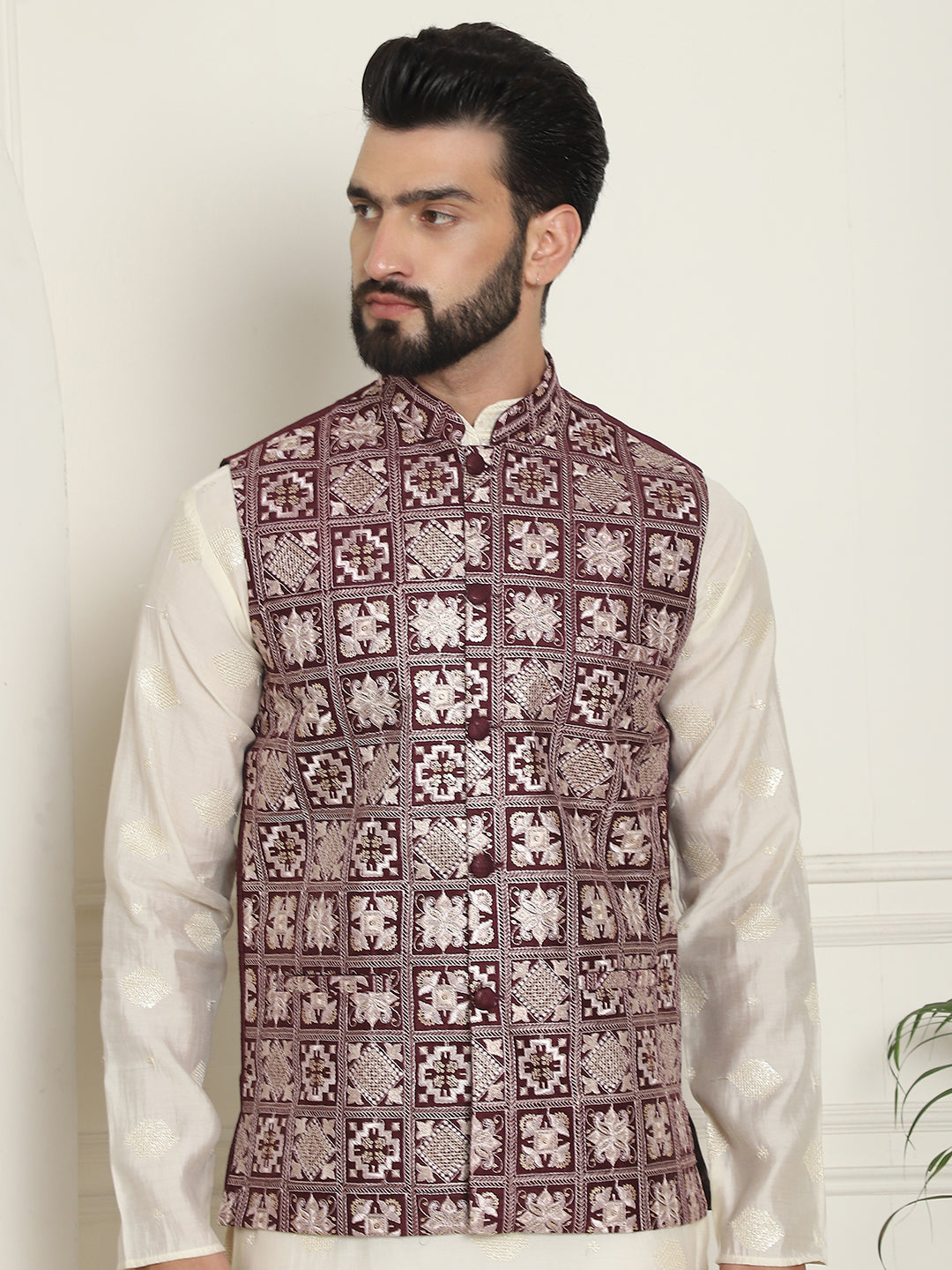 Men's Premium Silk Box Embroidered Maroon Nehru Jacket – Sojanya