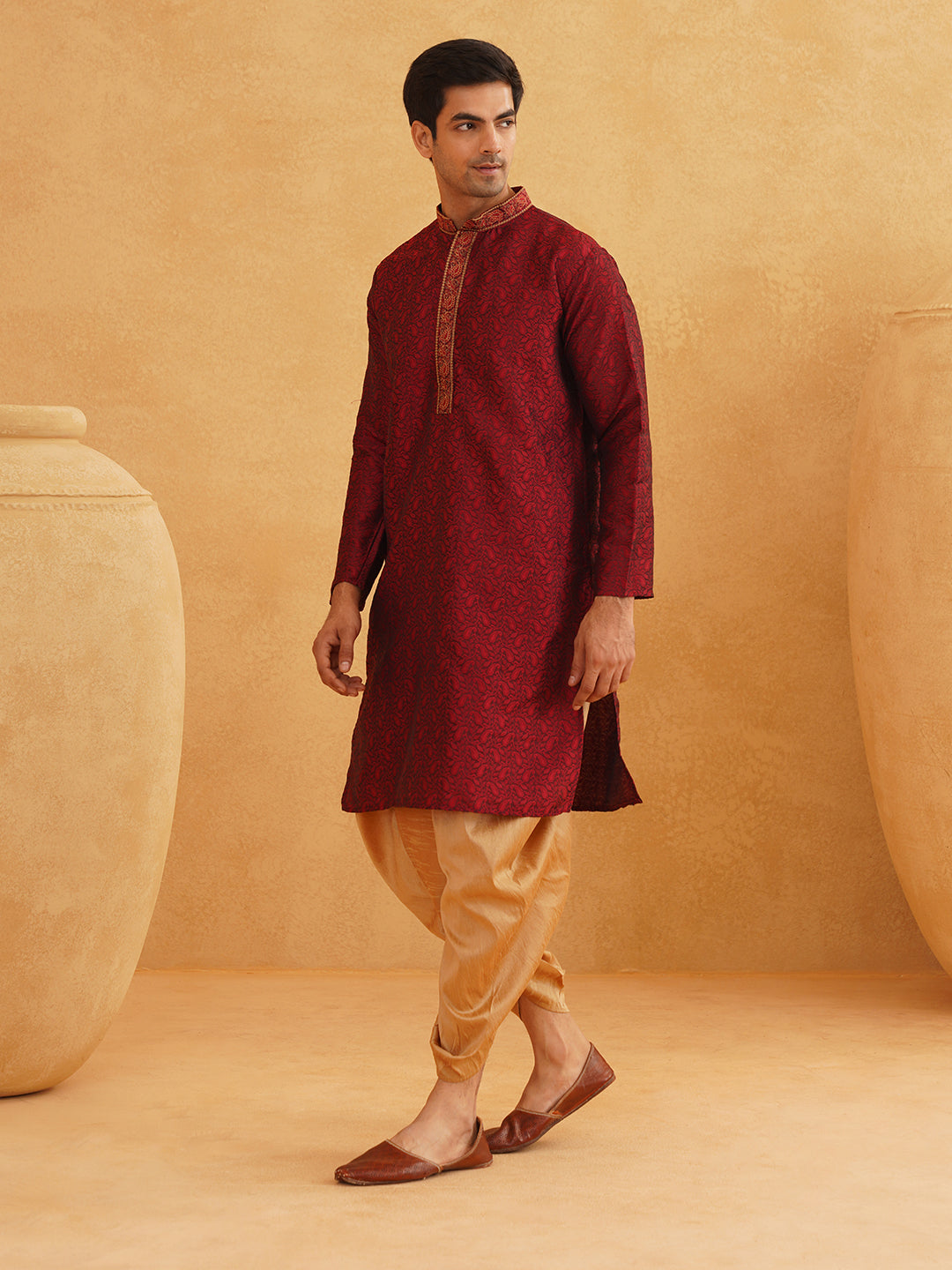 Men's Maroon Gold Silk Blend Kurta Dhoti Set