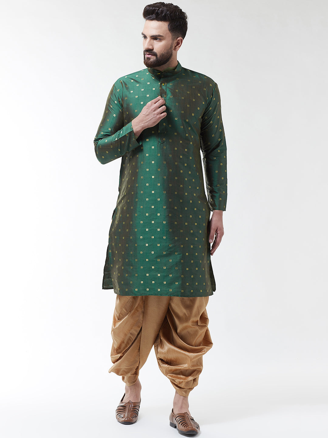 Men's Dark Green Silk Blend Kurta Gold Dhoti Set – Sojanya