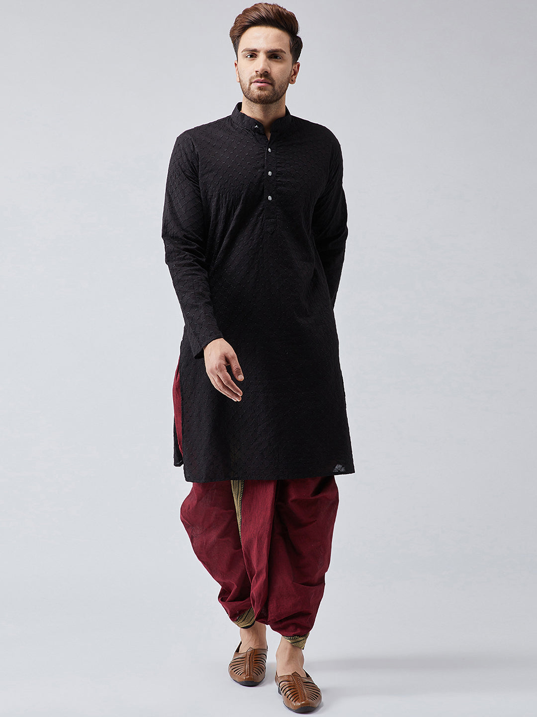 Men's Black Maroon Pure Cotton Kurta Dhoti Set - Main Image