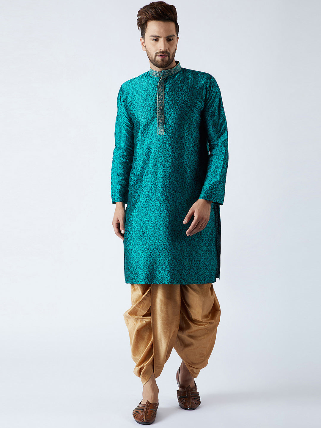 Solid Color Dupion Silk Kurta Dhoti Set in Grey : MMQ1608 Solid Color Dupion Silk Kurta Dhoti Set in Grey : MMQ1608