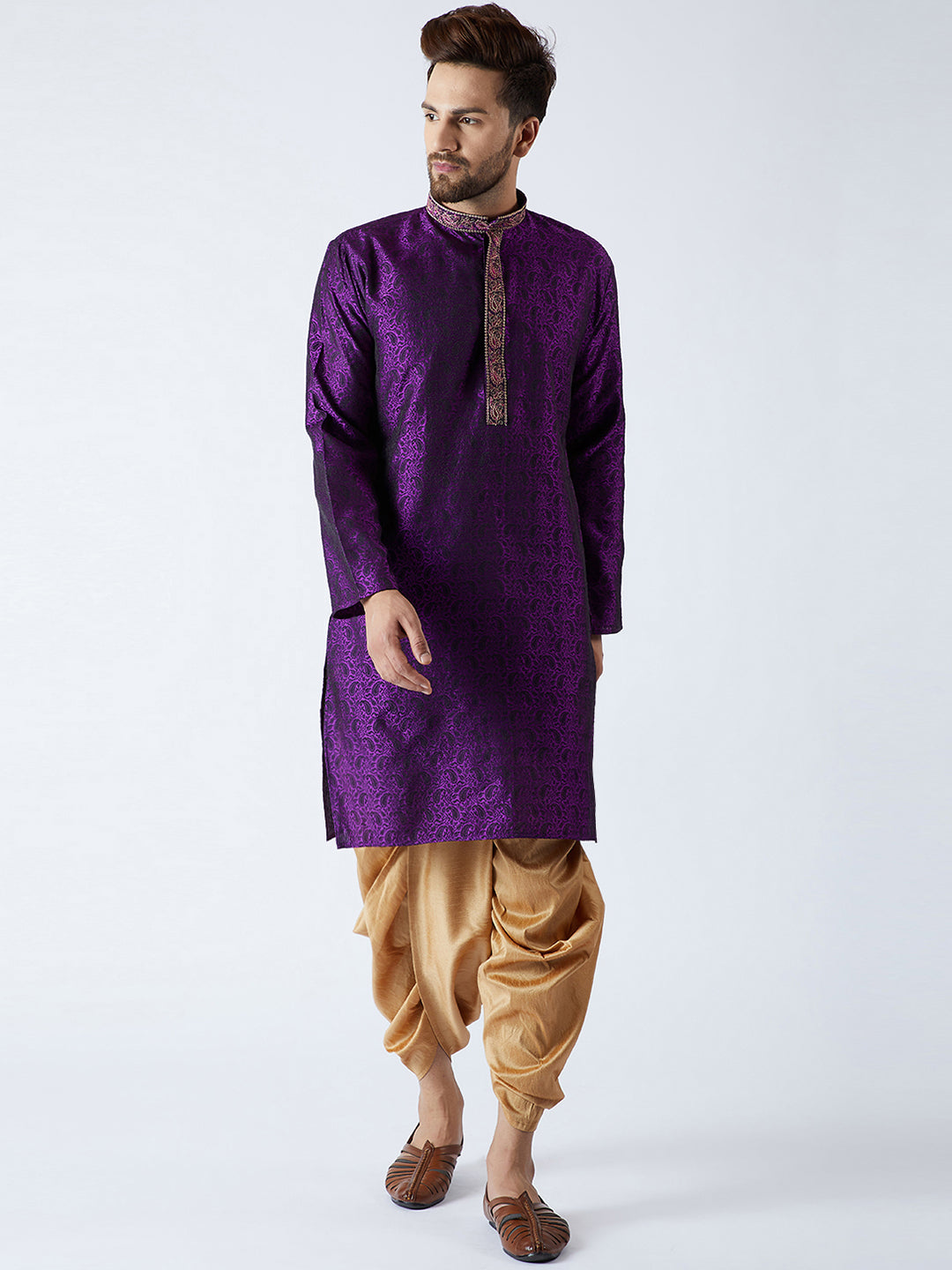 Men's Purple Gold Silk Blend Kurta Dhoti Set – Sojanya