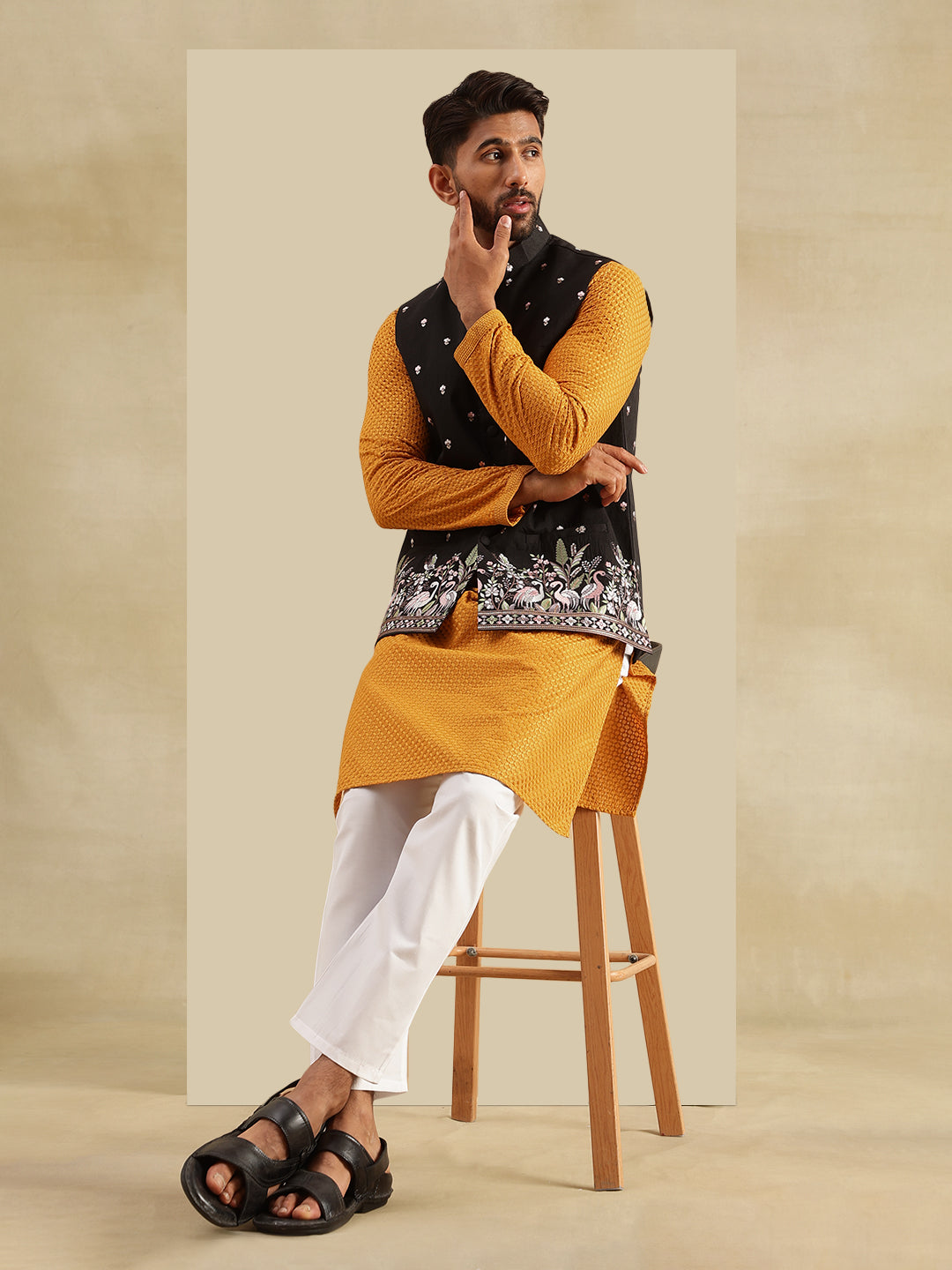 Men's Cotton Yellow Kurta White Pyjama With Daman Embroidered