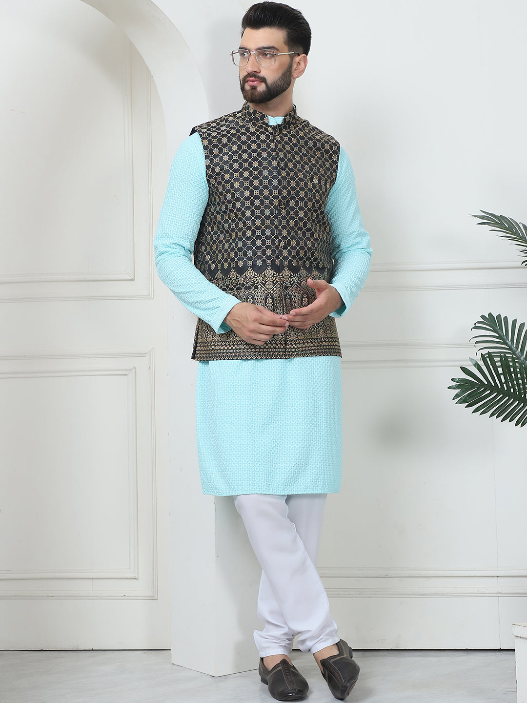 Men's Pure Cotton Sky Blue Kurta and White Pyjama With Black Nehru