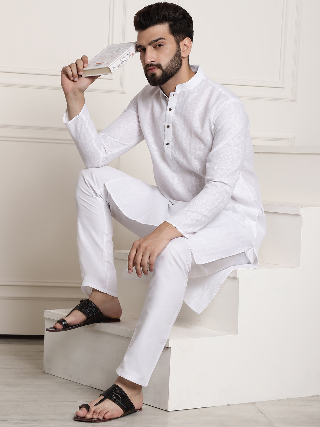 Men's Cotton Blend Checked White Kurta Churidar Pyjama Set