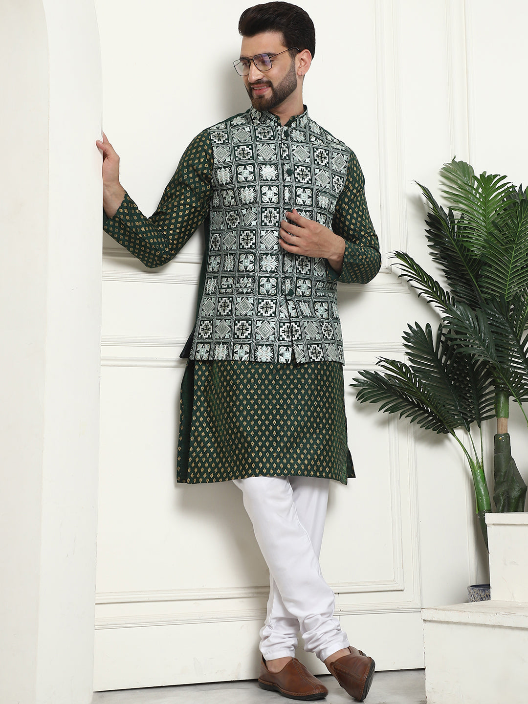 Men's Silk Blend Printed Dark Green Kurta and White Pyjama With Embroidered Green Nehru Jacket
