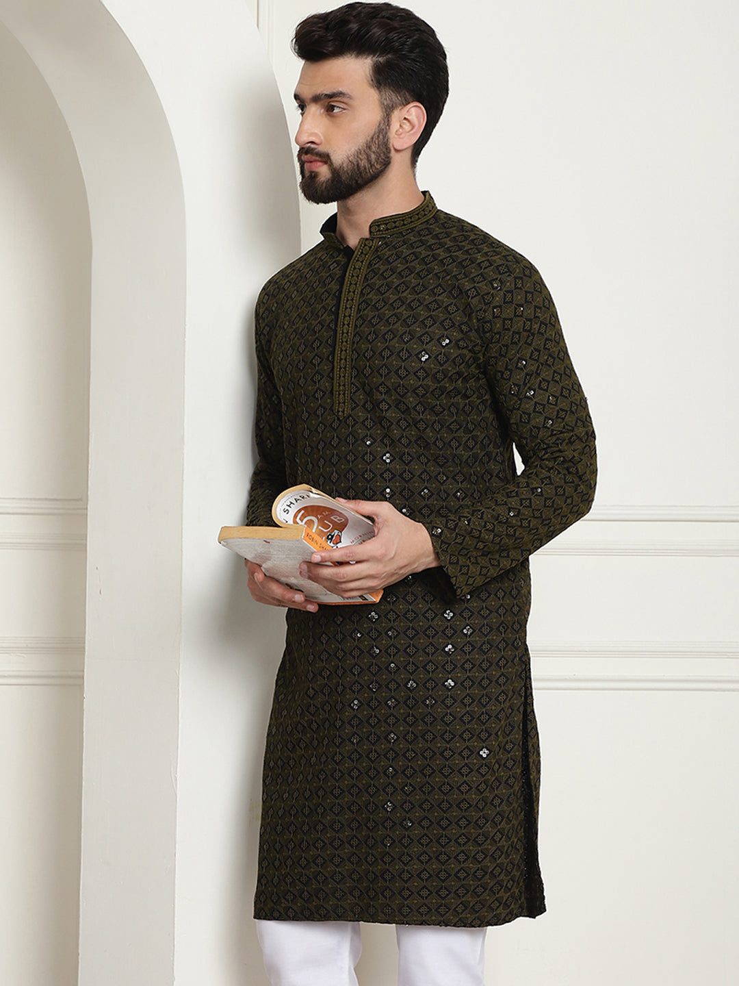 Men's Cotton Contrast Embroidered Sequinned Mehndi Long Kurta Sojanya Men's Cotton Contrast Embroidered Sequinned Mehndi Long Kurta Sojanya