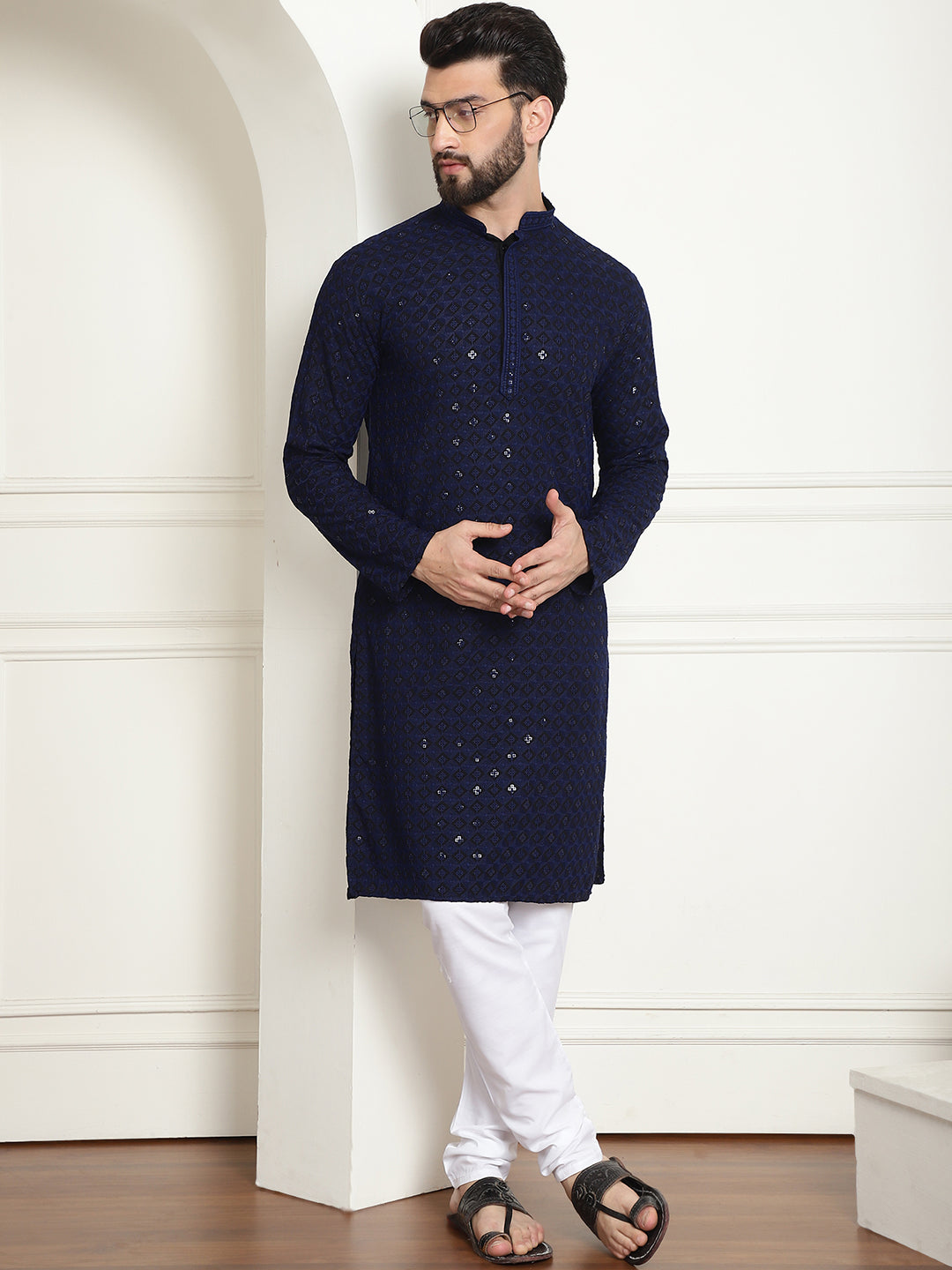 Navy Blue Colour Footwear With Blue Kurta Pajama Navy Blue - Main Image