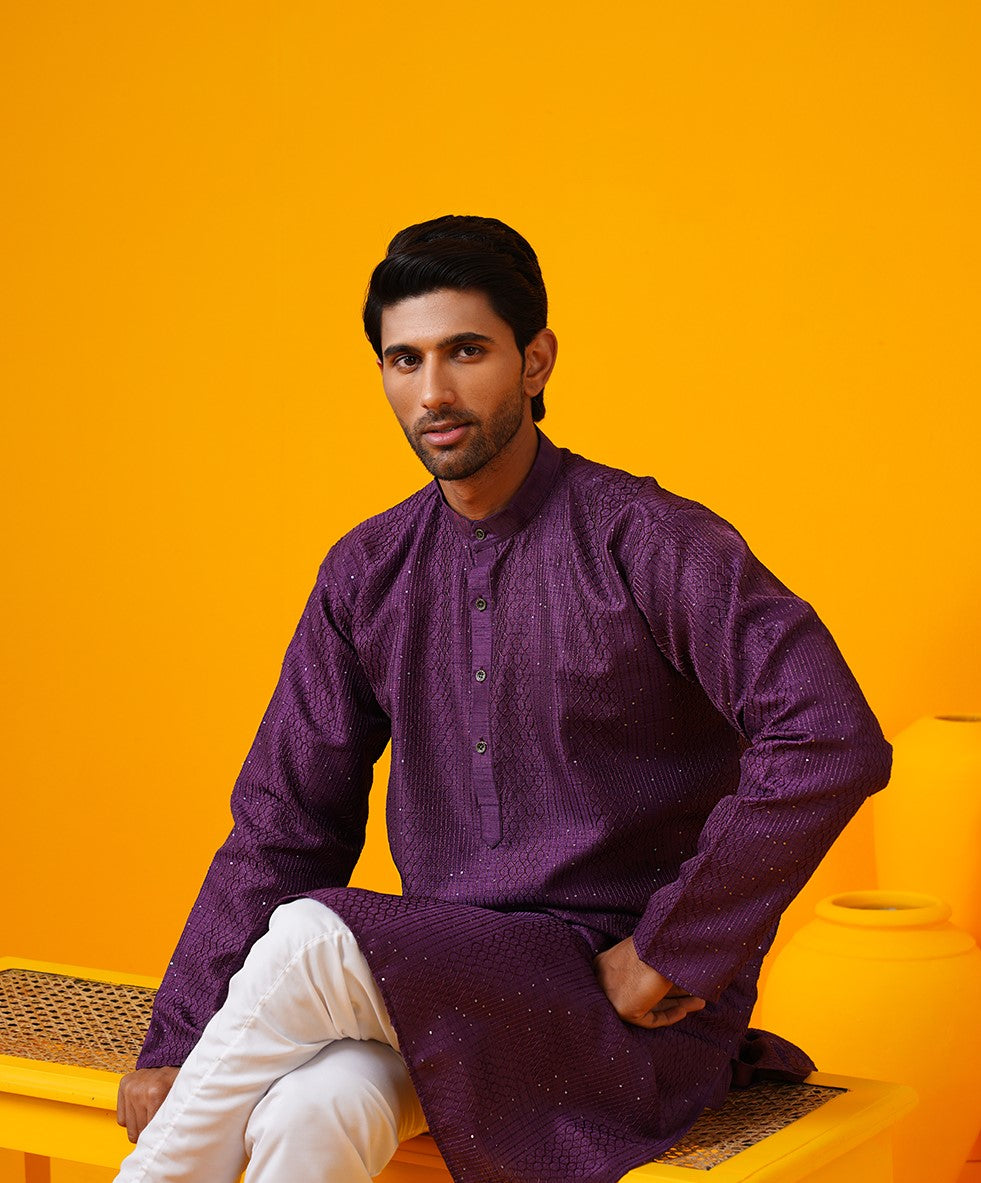 Men's Silk Bend Krochet Thread Embroidered Violet Long Kurta – Sojanya