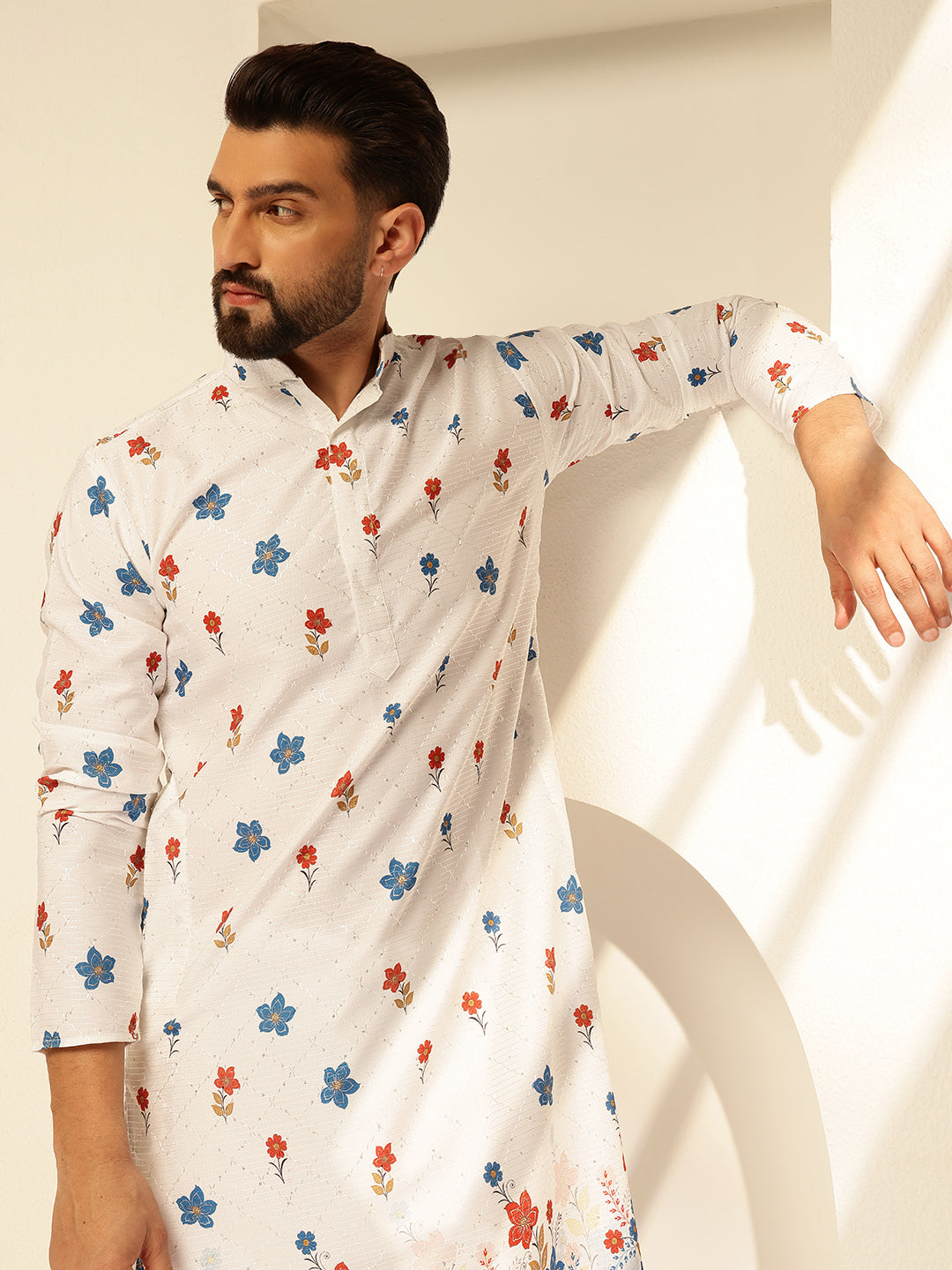 Men's Cotton Daman Print White Long Kurta with Krochet Embroidery  Sojanya