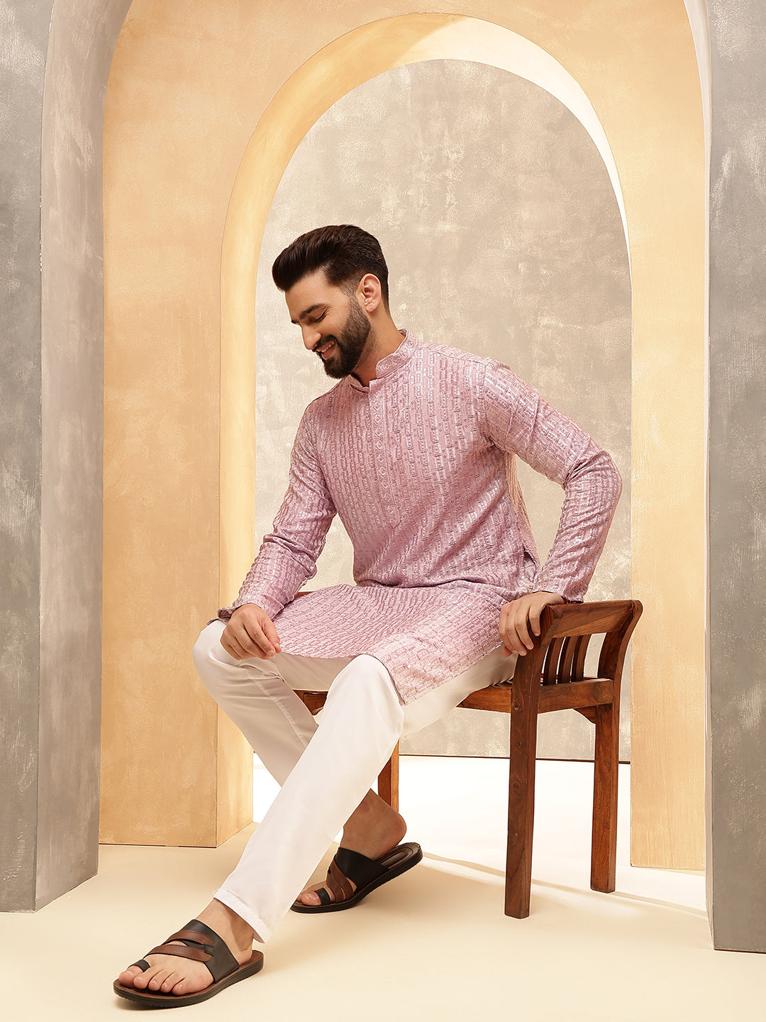 Men's Cotton Rayon Shiny Thread Sequinned Pink Kurta with White