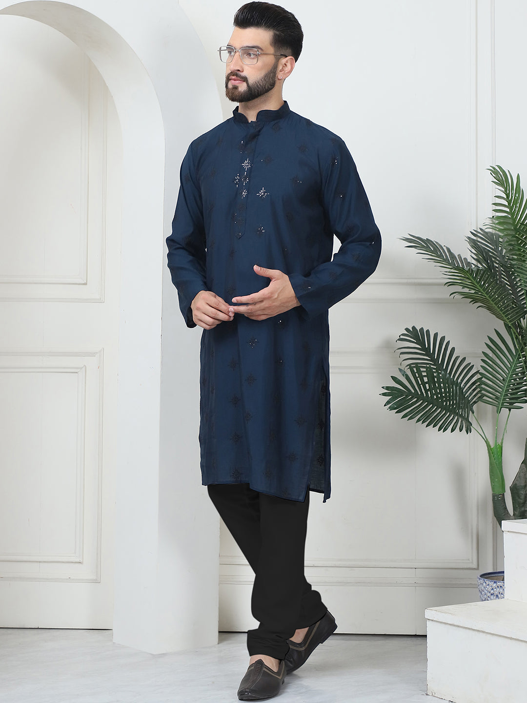 Men's Cotton Silk Sequinned Neck Embroidered Teal Blue Kurta With