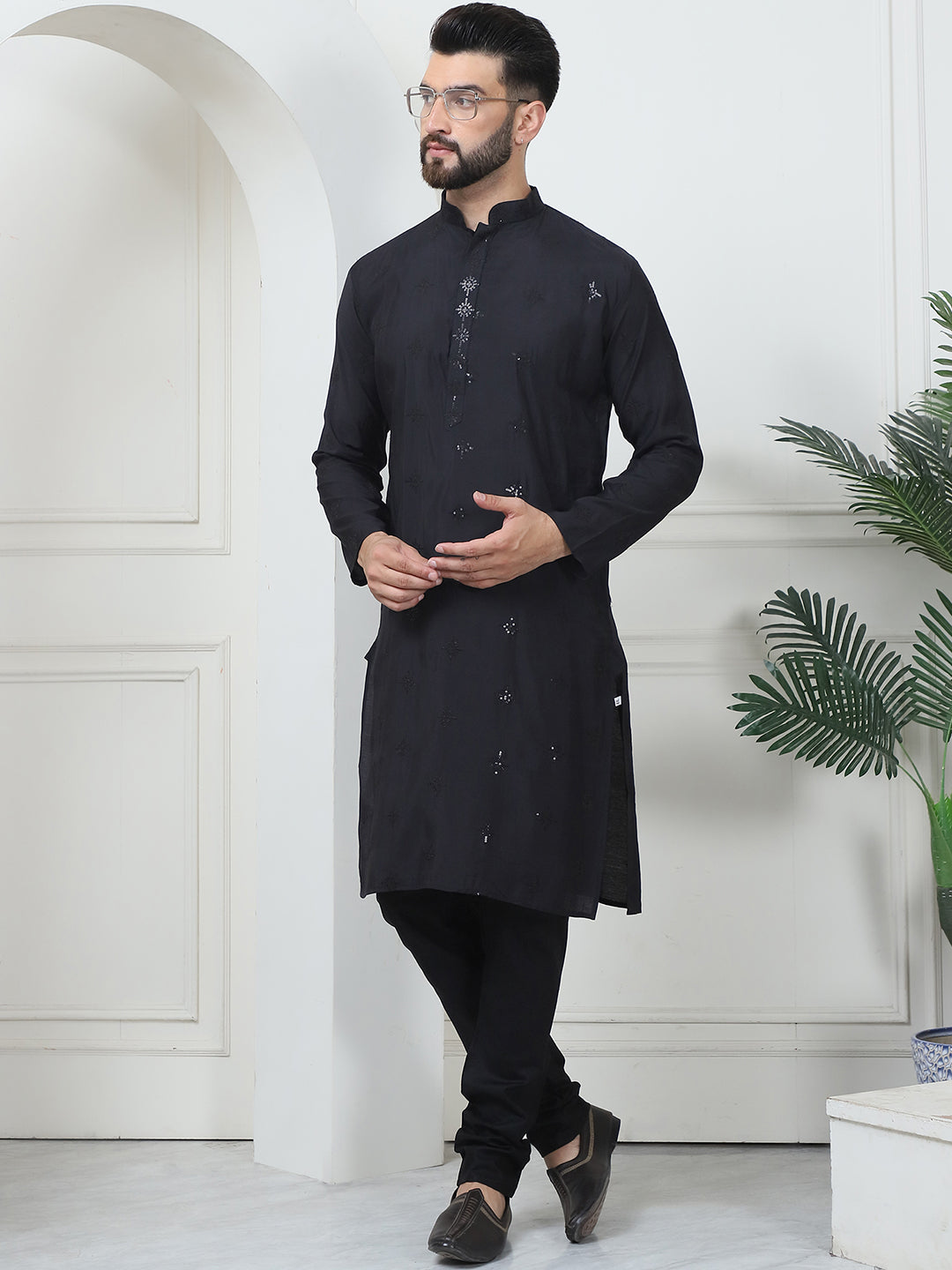 Men's Cotton Silk Sequinned Neck Embroidered Black Kurta With
