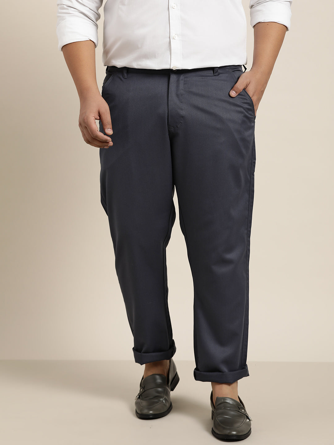 Men's Cotton Blend Charcoal Grey Solid Trousers – Sojanya