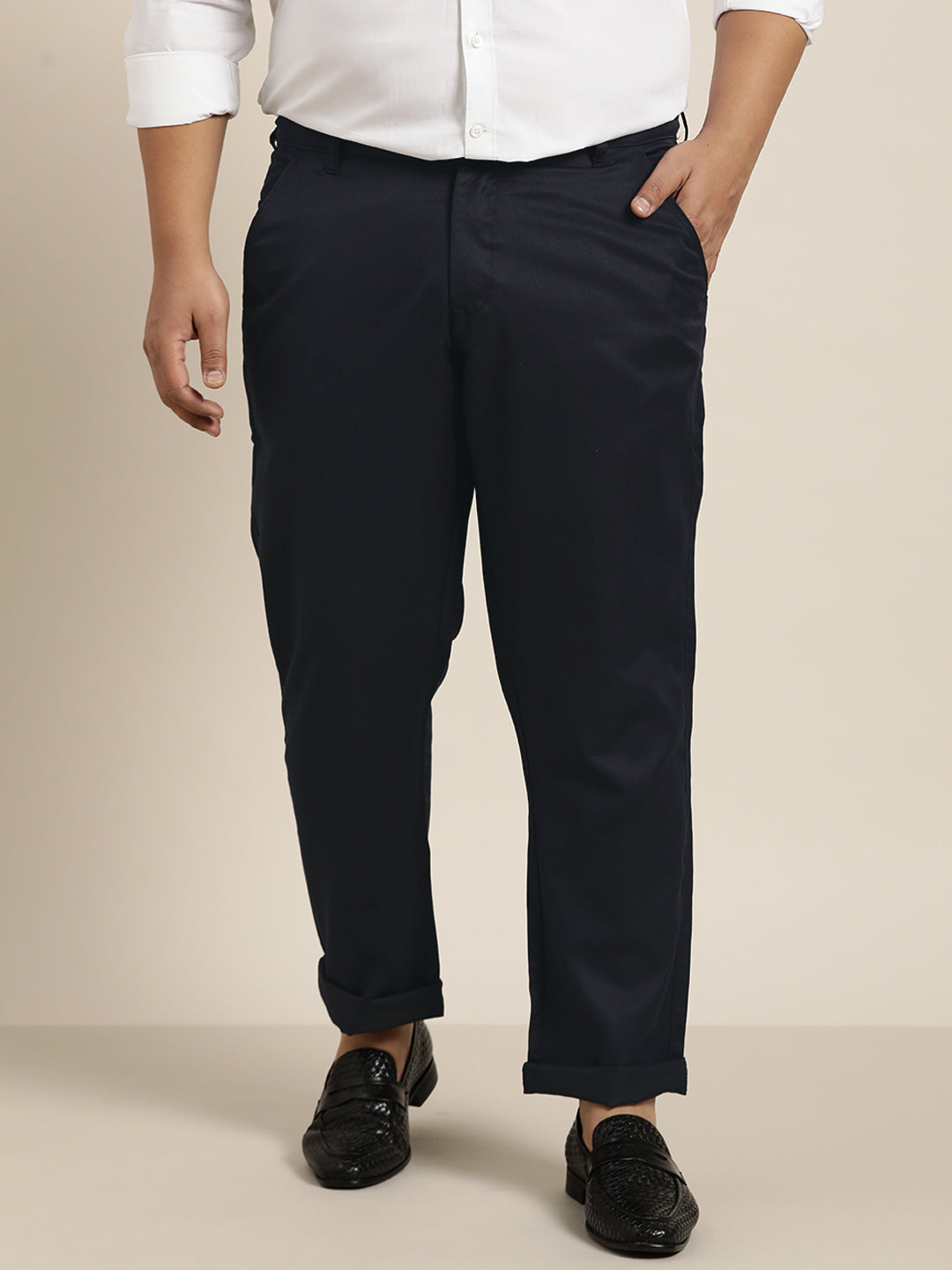 Men's Cotton Blend Dark Navy Blue Solid Trousers – Sojanya