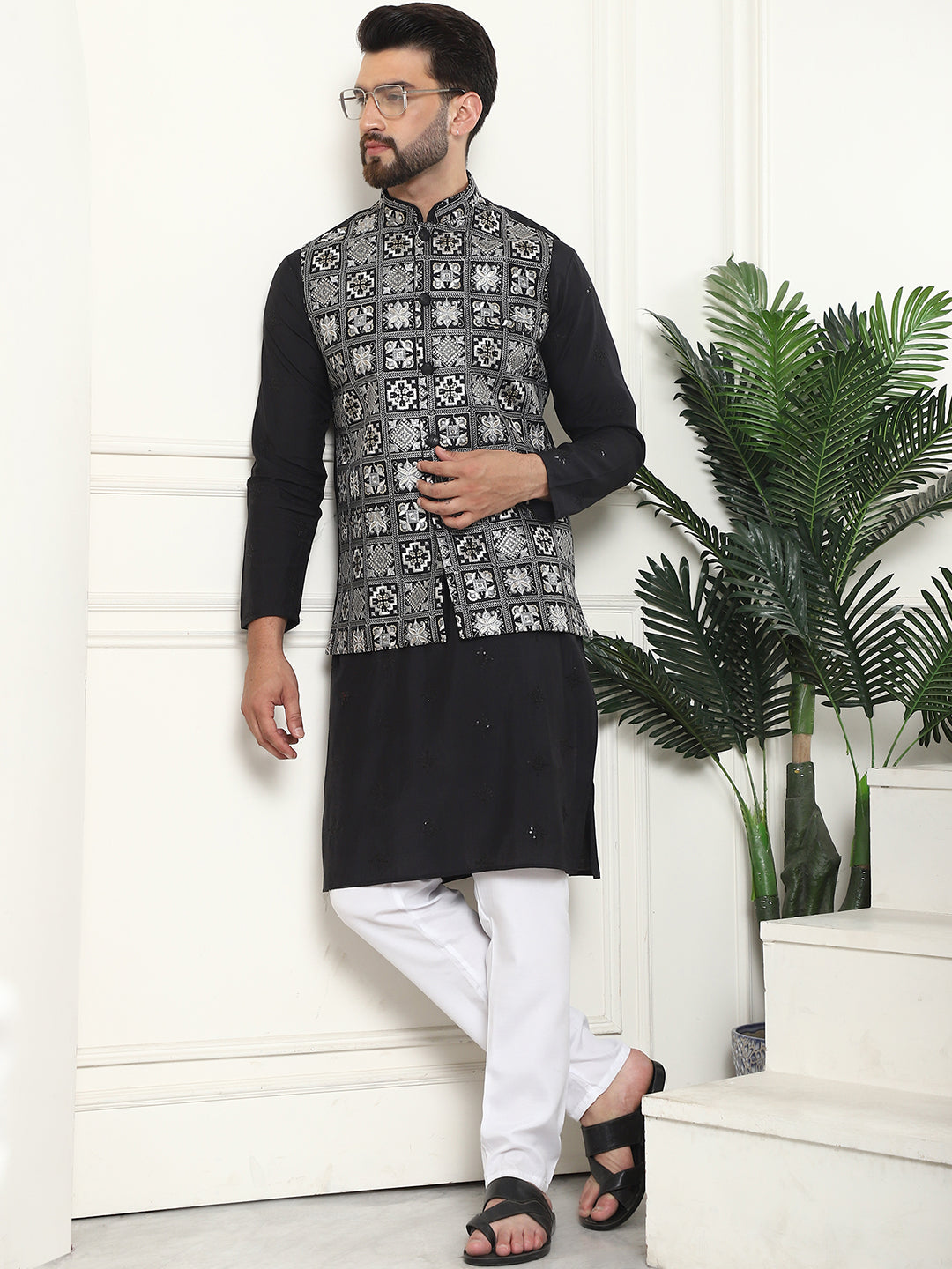 Men's Cotton Silk Black Kurta and White Pyjama With Embroidered