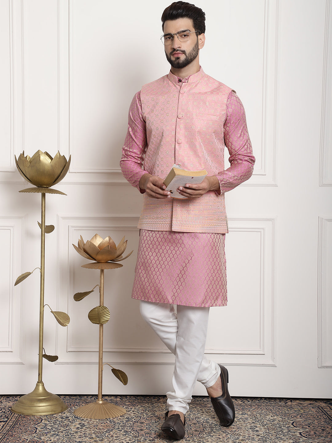 Kurta Pyjama Nehru Jacket Men's Jacquard Silk Pink Kurta And Off