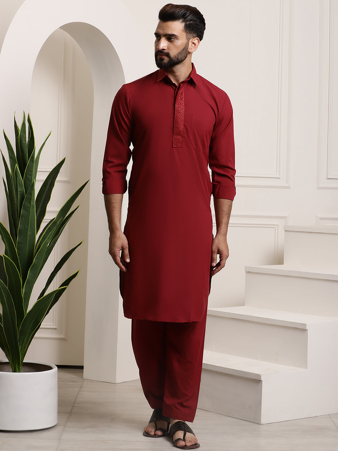 Men's Cotton Maroon Pathani Set - Main Image