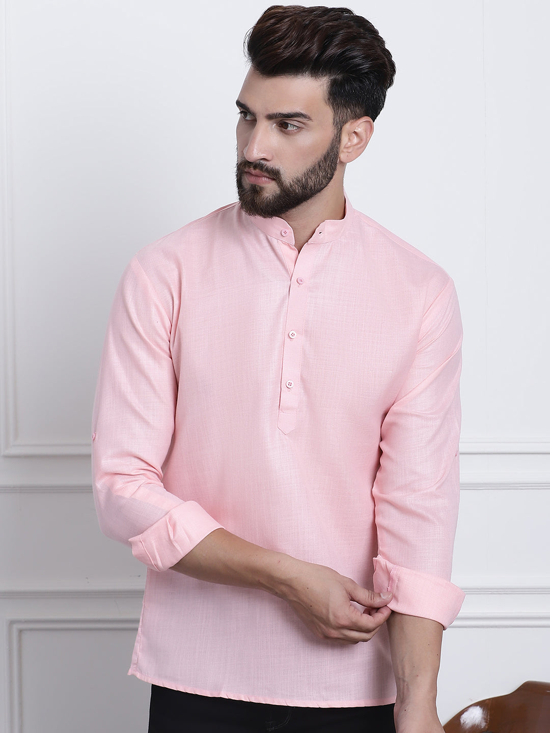 Men's Cotton Blend Pink Solid ONLY Short Kurta – Sojanya