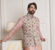 Men's Cotton Linen Printed Cream Nehru Jacket