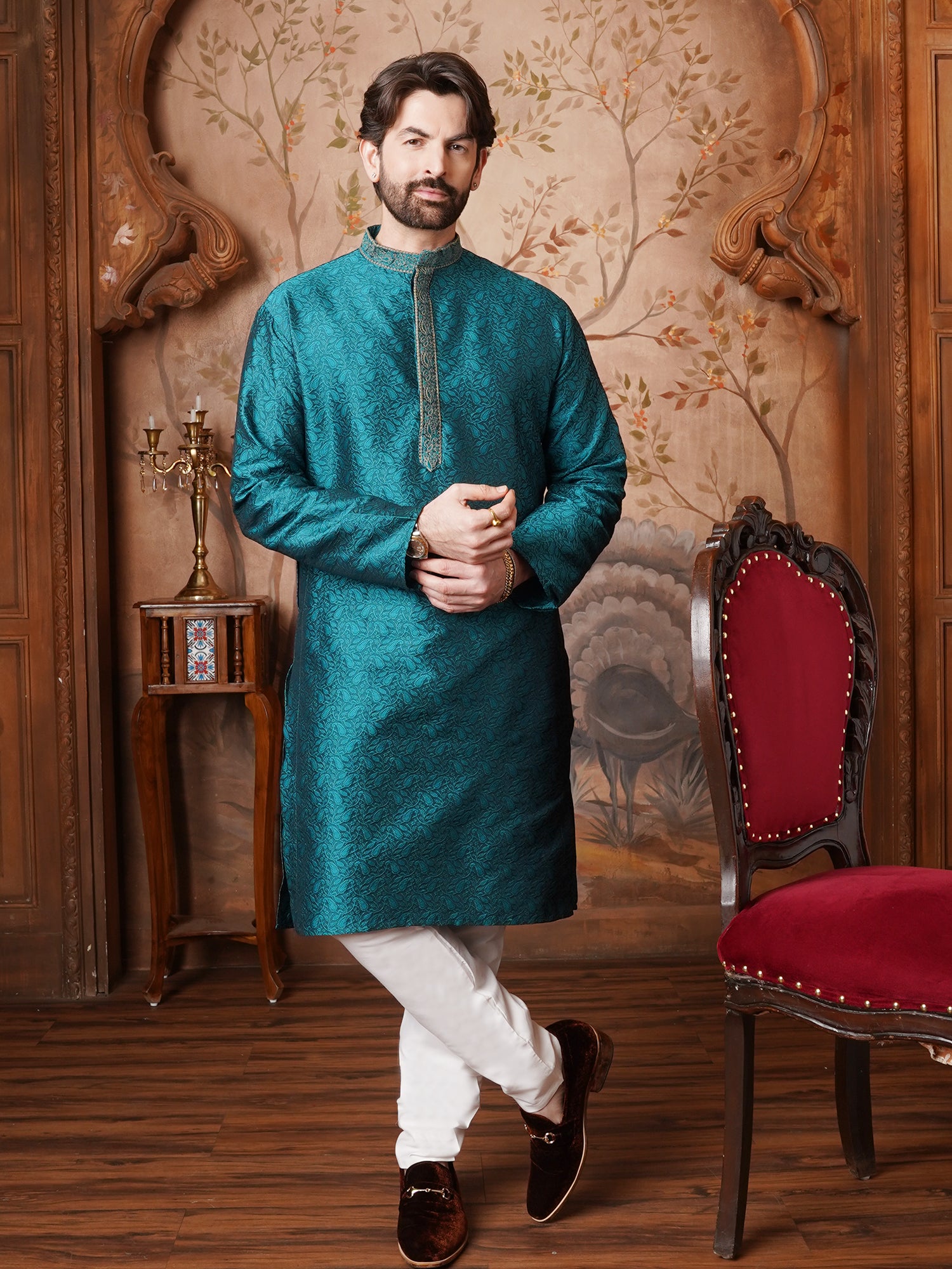 Men's Silk Blend Paisley design Teal Green Kurta With Cream Churidaar Pyjama