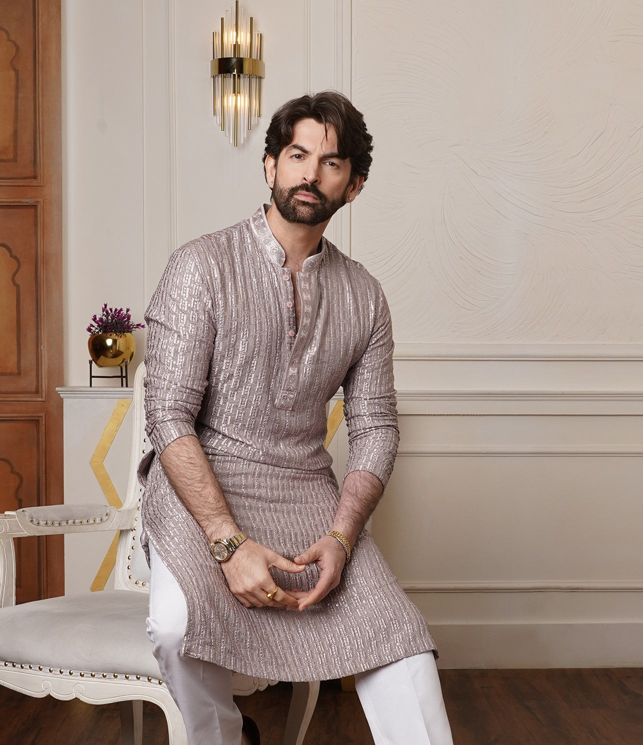 Men's Cotton Rayon Shiny Thread Sequinned Brown Only Long Kurta