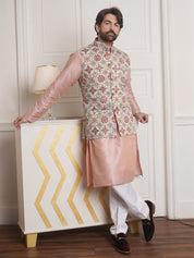 Men's Silk Blend Pink Kurta and Off-White Pyjama With Cream Nehru Jacket