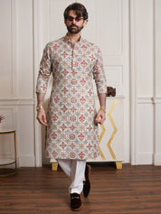 Men's Cotton Blend Cream Kurta and Churidar Pyjama Set