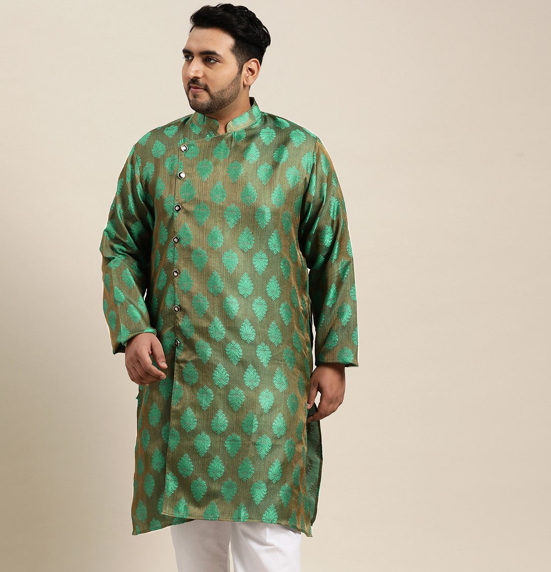 Men's Jacquard Silk Dark Green Self Design Only Long Kurta