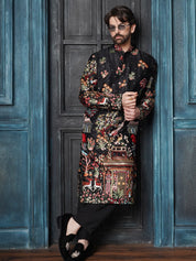 Men's Cotton Satin Persian Embroidered Black Kurta with Black Trouser