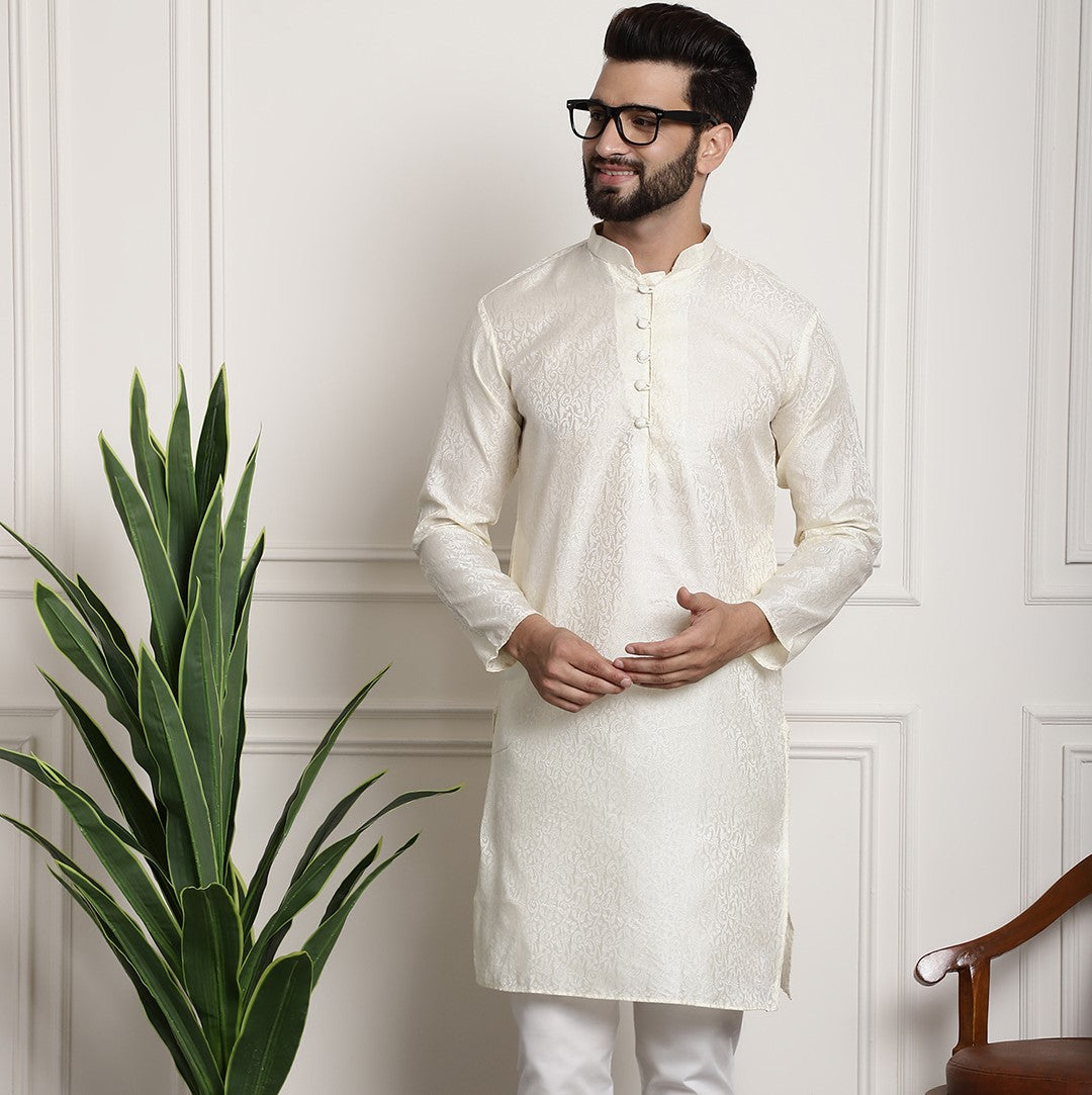 Men's Off-White Jacquard Silk Long Kurta