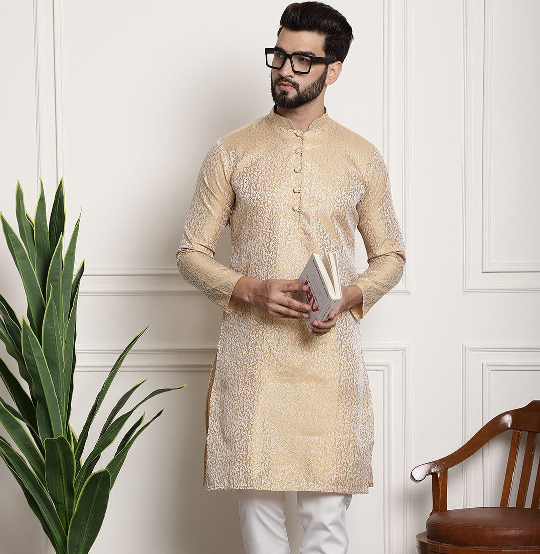 Men's Gold Jacquard Silk Long Kurta