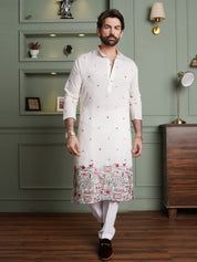 Men's Cotton Silk Daman Embroidered White Kurta With White Pyjama