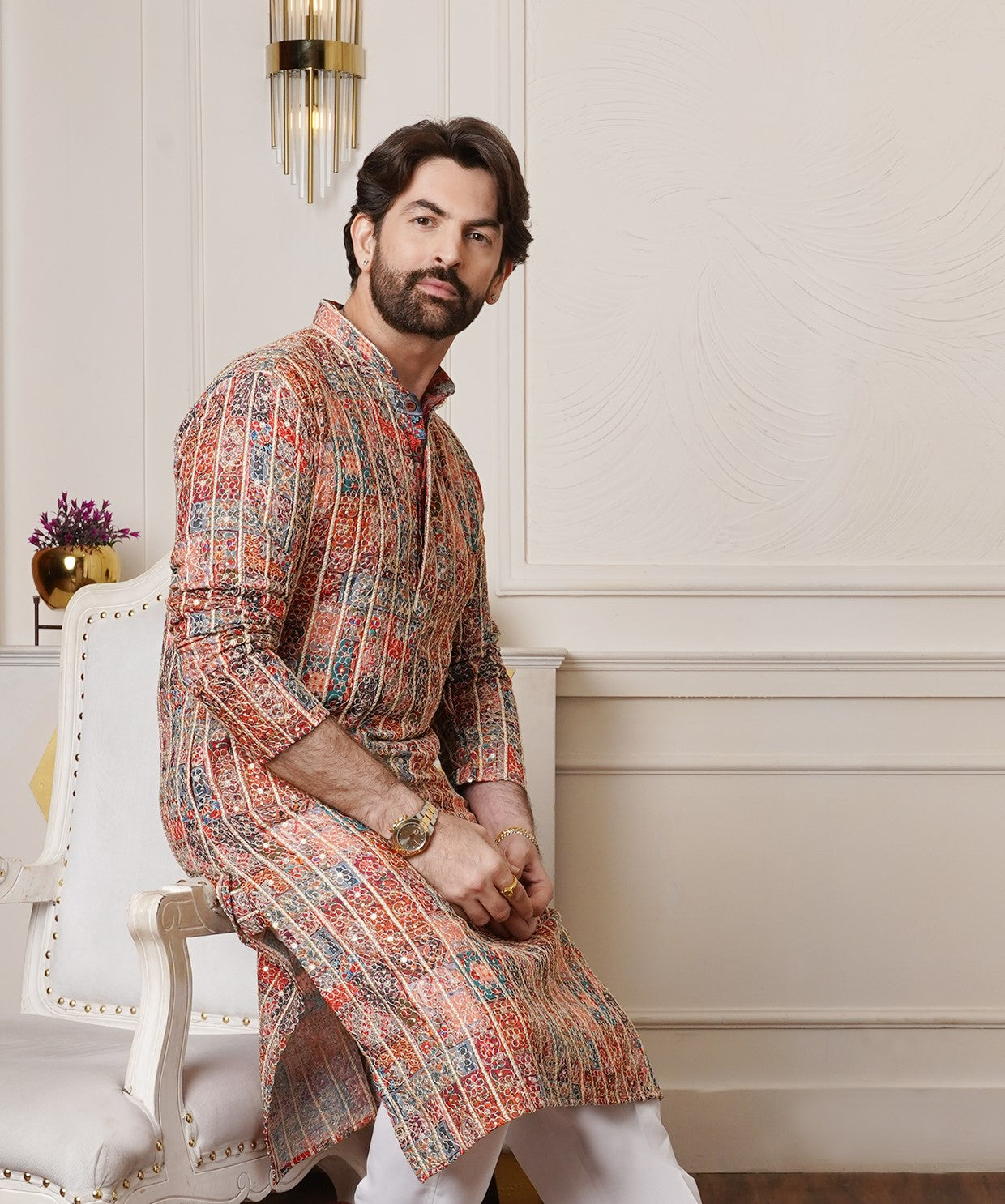 Neil Nitin Mukesh in Men's Cotton Silk Gold Thread Floral Embroidered Multicolor Only Long Kurta