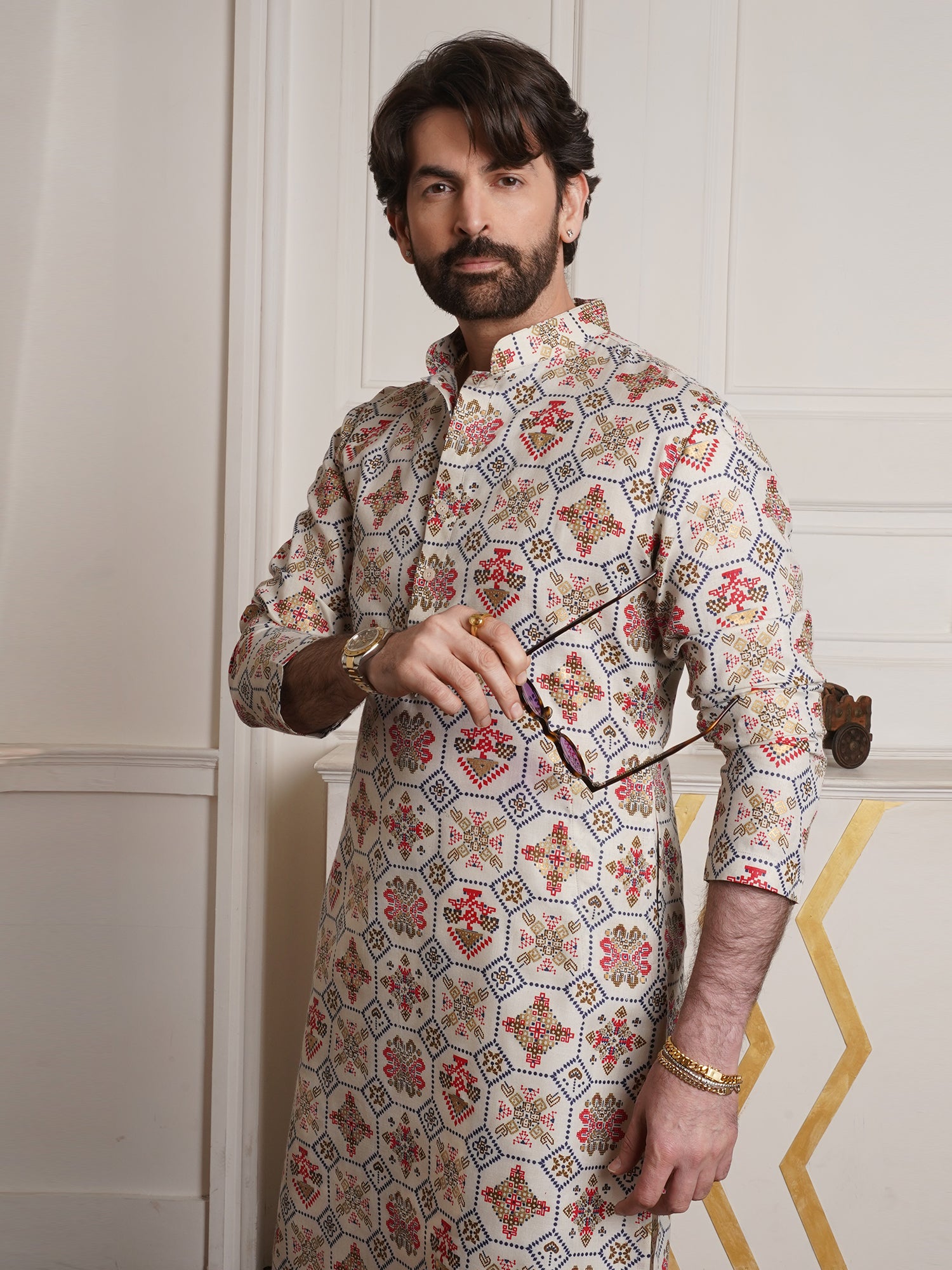 Men's Cotton Blend Floral Design Cream Only Long Kurta