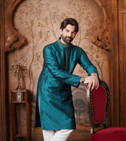 Neil Nitin Mukesh in Men's Silk Blend Paisley Design Teal Green Long Kurta