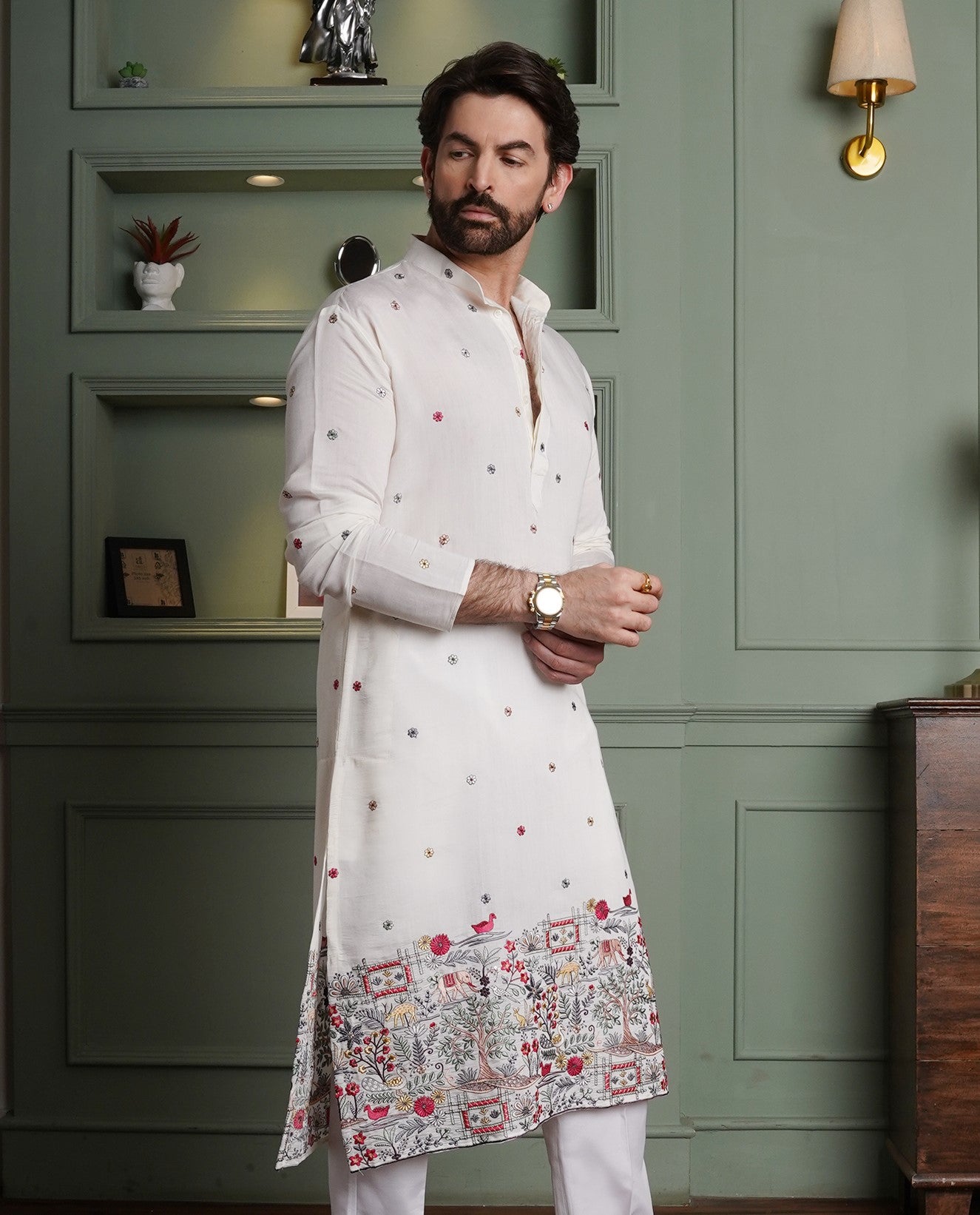 Men's Cotton Silk Exquisite Daman Embroidered White Long Kurta