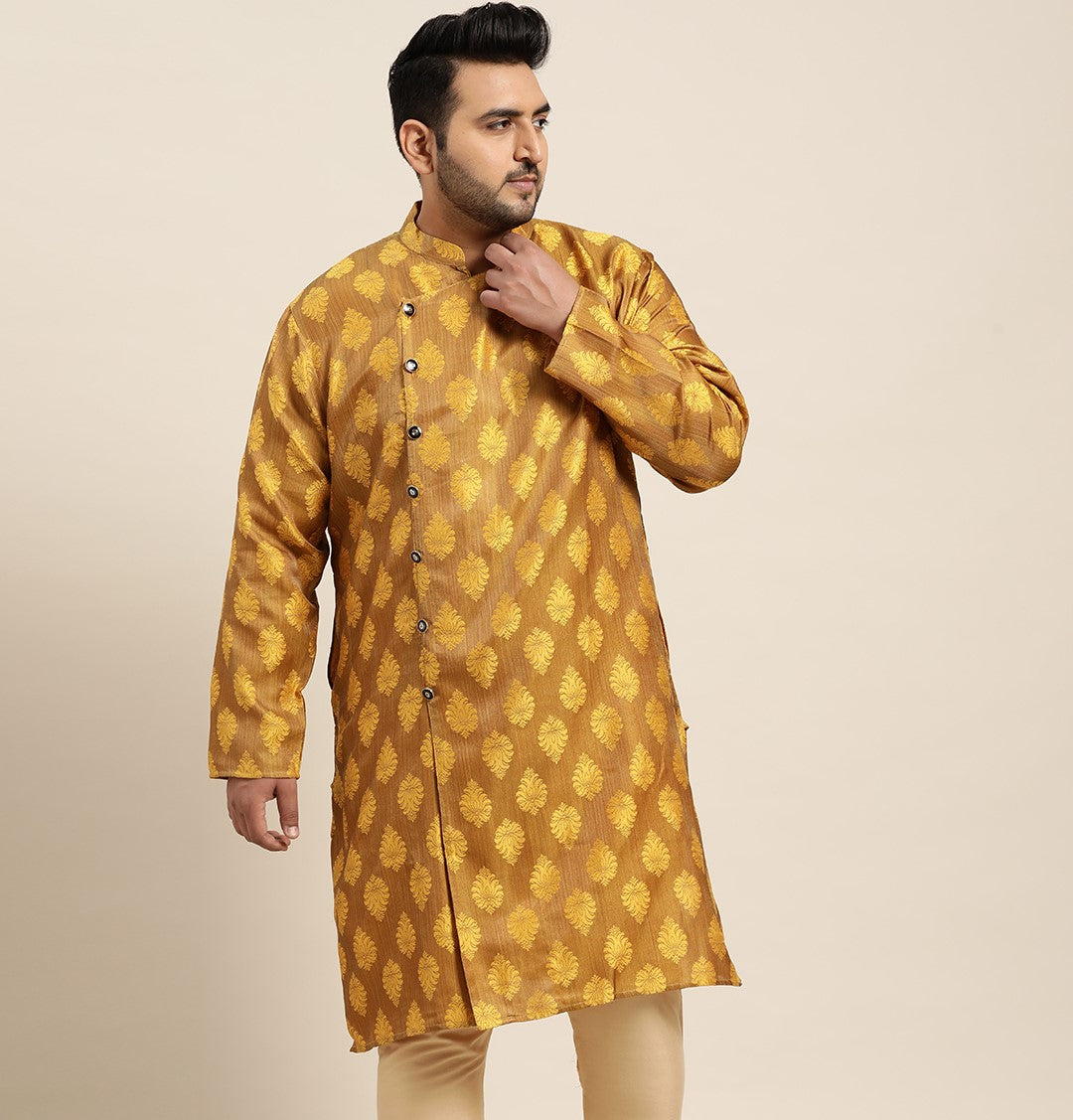 Men's Jacquard Silk Mustard Self Design Only Long Kurta