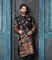 Neil Nitin Mukesh in Men's Cotton Satin Persian Embroidered Black & Multi Long Kurta