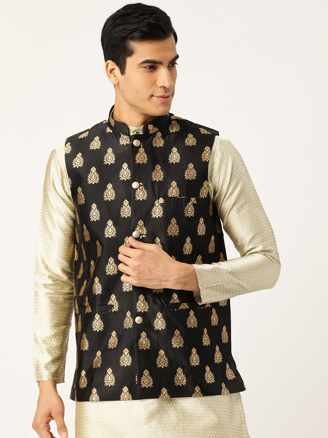 Mens Silk Blend Self Design Black Nehru Jacket