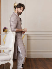 Men's Cotton Rayon Shiny Thread Sequinned Brown Only Long Kurta