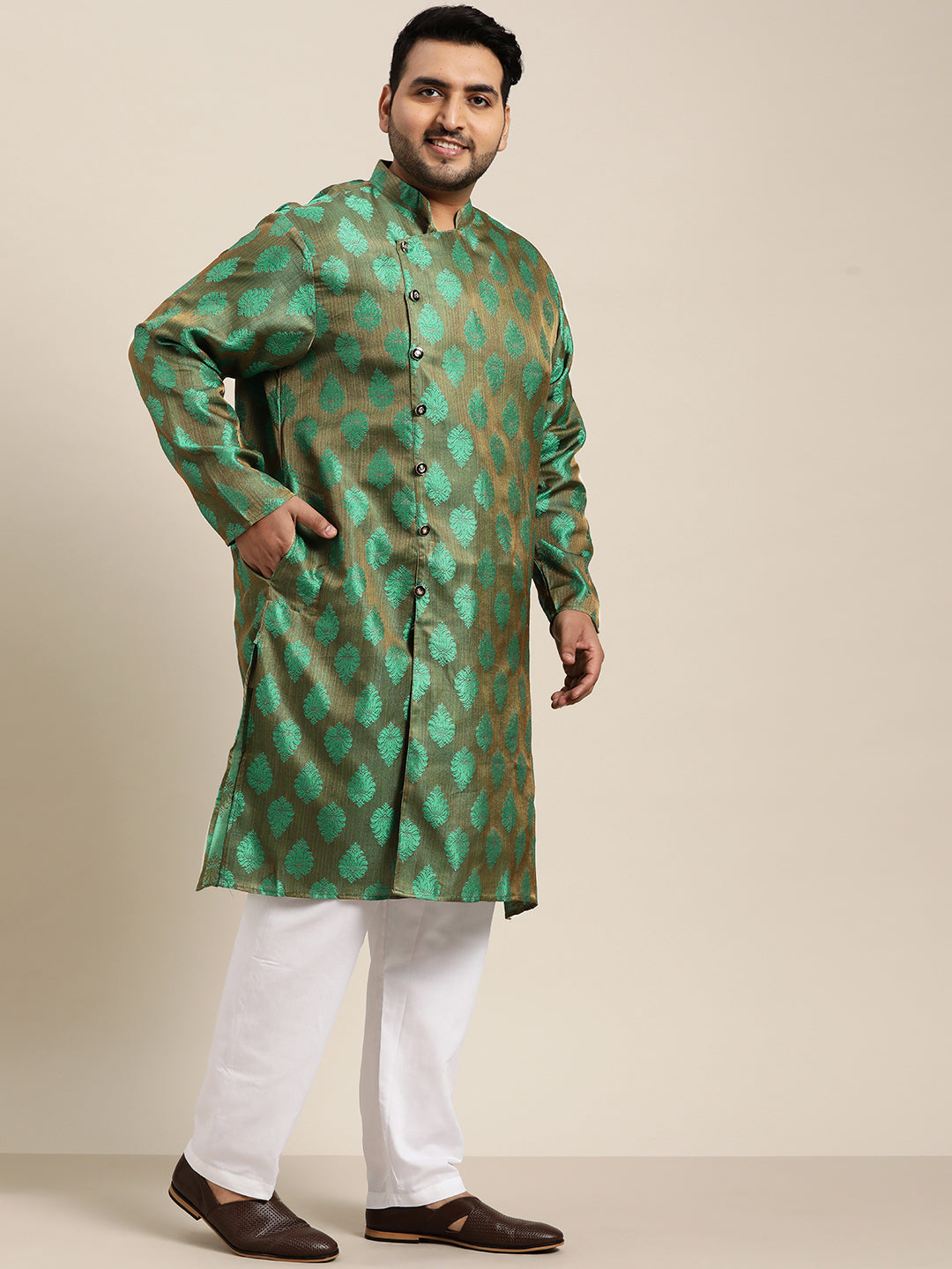 Men's Jacquard Silk Dark Green Self Design Only Long Kurta