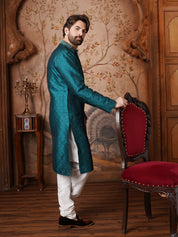 Men's Silk Blend Paisley design Teal Green Kurta With Cream Churidaar Pyjama
